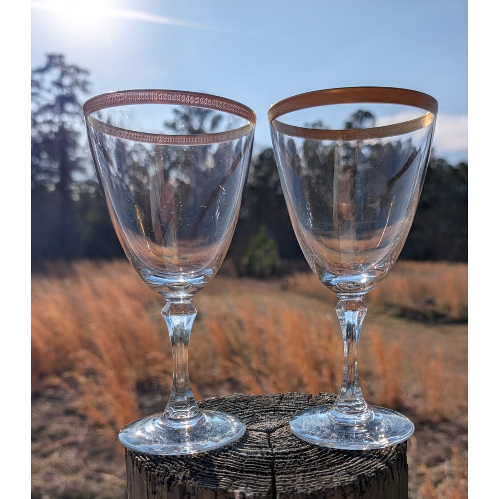 Vintage Crystal Wine Goblet Glasses Gold Band 7" Tall Faceted Stem Set of 2